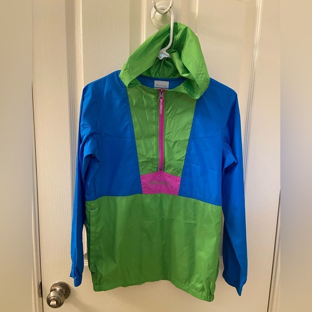 Columbia 1/2 Zip Hooded Windbreaker Pullover Jacket Colorblock Kids Size L 14-16